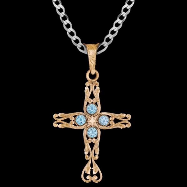 Celebrate faith with the golden Proverbs Cross Pendant Necklace featuring stunning bronze scrollwork and customizable zirconia stones. Pair it with a special discount sterling silver chain today!